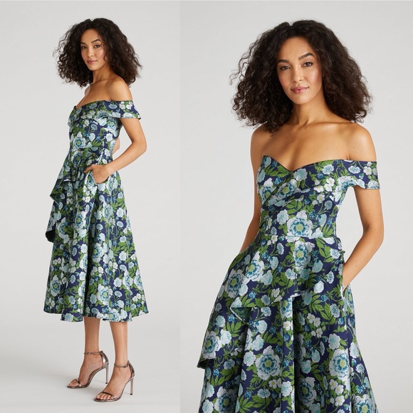 NWT Theia Tatum Floral Peplum A Line Midi Dress - Picture 2 of 6